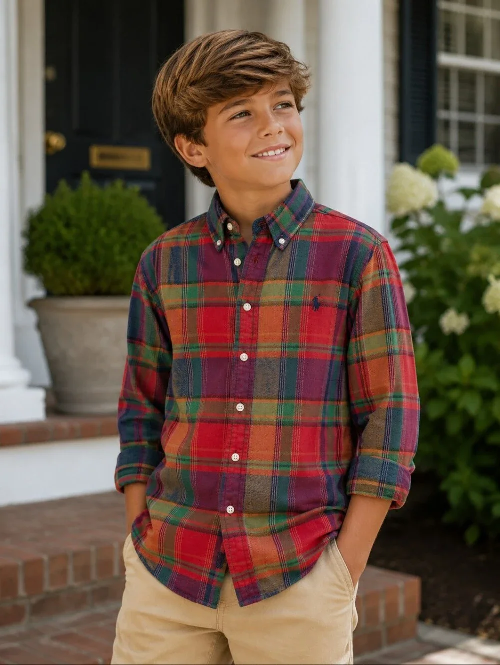 RALPH LAUREN Boys Medium 10-12 Madras Plaid Button Down Shirt Cotton Preppy
